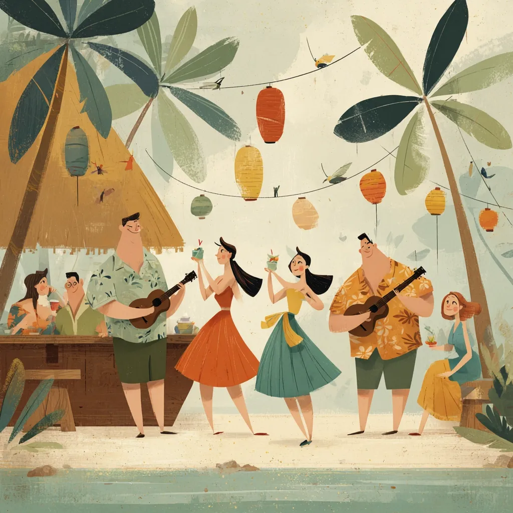 A lively tropical beach party unfolds under swaying palm trees adorned with colorful lanterns.  People gather around a bar, enjoying drinks and music. Two men play ukuleles, while women in vibrant dresses hold cocktails.  A relaxed, festive atmosphere prevails, captured in a stylized, illustrative style. The scene is warm and inviting, full of summery joy.