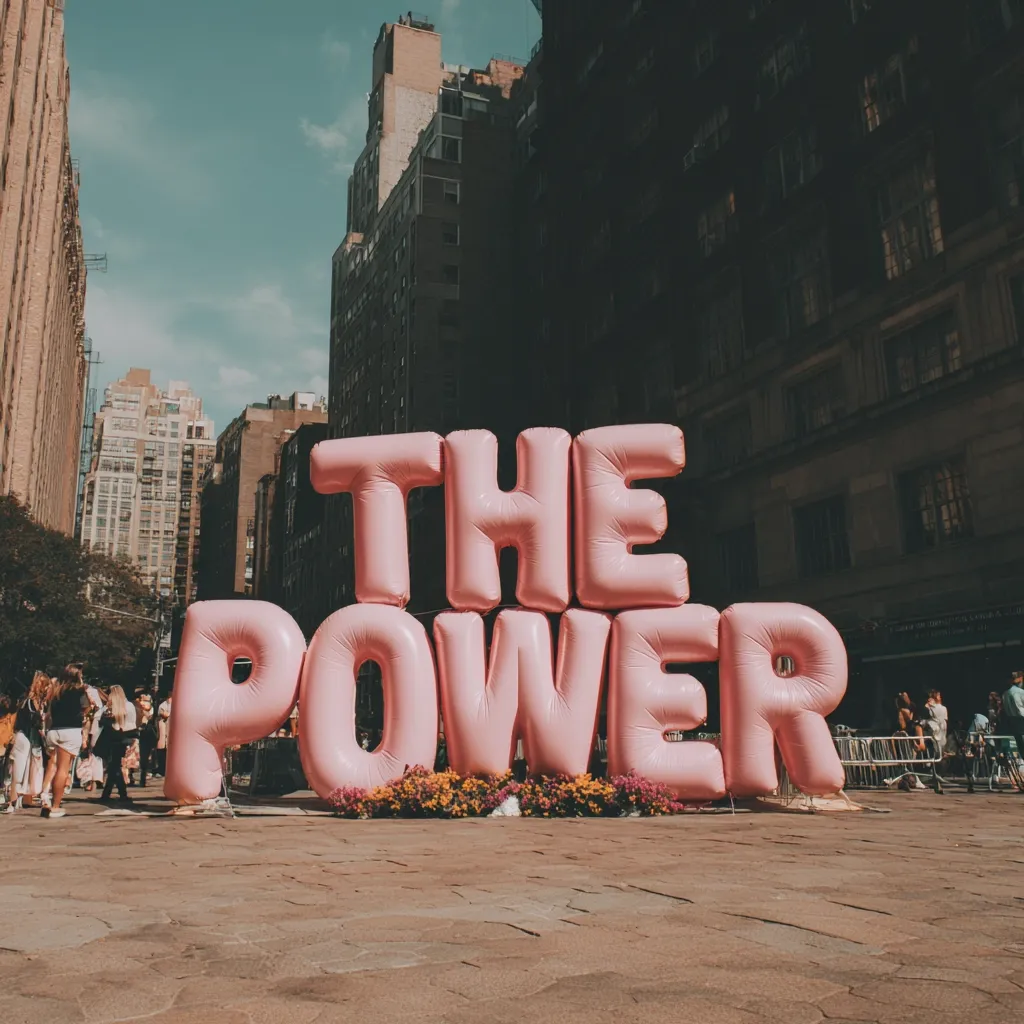 Large, inflatable, light pink letters spelling out "THE POWER" are displayed on a city street.  The letters are situated on a plaza, with a small flower bed in front.  Tall buildings line the background, creating a city backdrop under a partly sunny sky.  A few pedestrians are visible in the distance.