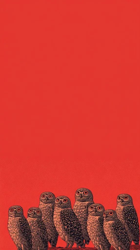 A vibrant red background is adorned with a row of intricately detailed owls.  Rendered in dark brown and black, the owls are arranged closely together, their large, expressive eyes prominent against the bold red. The image has a vintage, almost woodcut-like aesthetic, creating a striking contrast between the owls and the background.  The owls appear to be of the same species, and their positioning creates a sense of unity and observation.