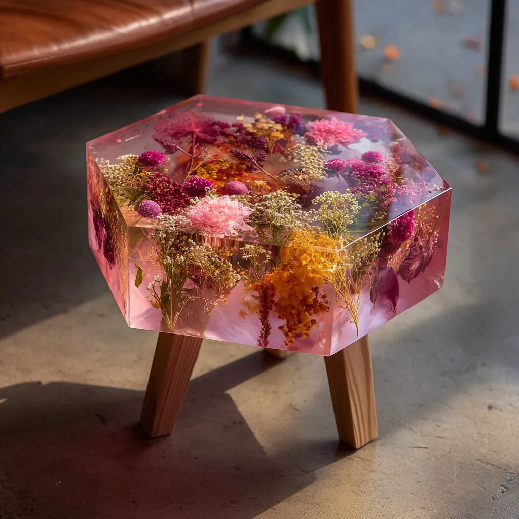 A hexagonal resin side table showcases an array of preserved flowers embedded within its translucent pink body.  The flowers, in various shades of pink, purple, and orange, create a vibrant and intricate floral arrangement.  Simple wooden legs support the unique tabletop, creating a delicate and artistic piece of furniture.  The table sits on a polished concrete floor, bathed in sunlight.
