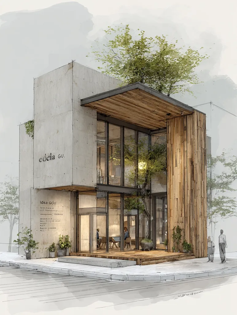 An architectural rendering depicts a modern, two-story building with a concrete facade and wooden accents.  Large glass windows showcase an interior space with seating and plants. A wooden canopy extends over the entrance, and greenery adorns the roof.  The building's name, "edeta GU," is displayed prominently.  Sketch lines suggest a design process, adding a raw, artistic feel to the image. People are subtly depicted outside, creating a sense of scale and context.