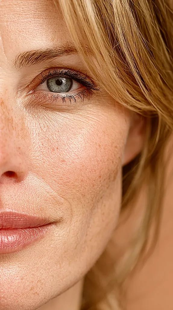 Close-up of a woman's face, showcasing her eye and the texture of her skin.  Light blonde hair partially covers her forehead.  Her skin displays subtle lines and freckles, indicative of natural aging. The overall impression is one of natural beauty and mature elegance.  A soft smile is present on her lips.