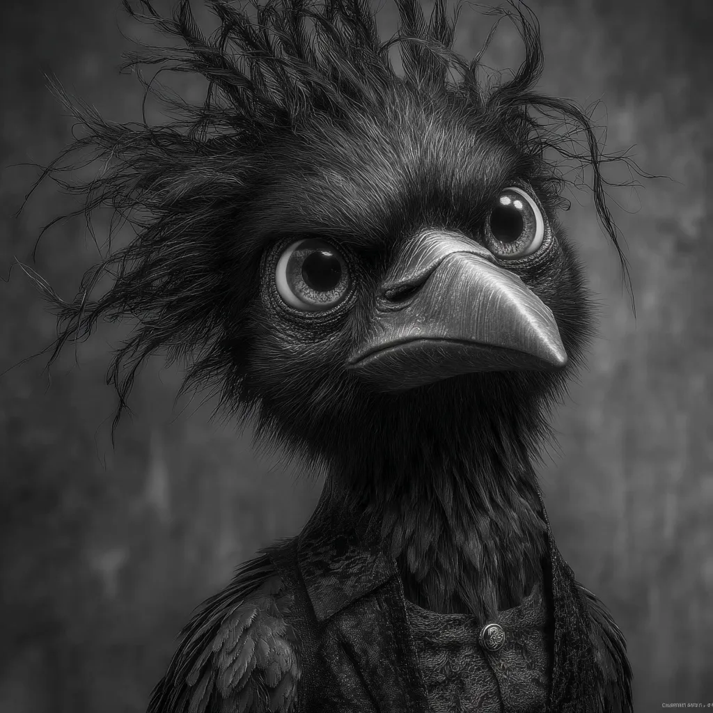 A monochromatic close-up captures a stylized bird, possibly a crow or emu, with intensely expressive eyes. Its plumage is meticulously detailed, exhibiting a textured, slightly unkempt appearance.  The bird's attire consists of a dark, textured vest, adding a touch of anthropomorphism to the creature's overall portrayal.  The image's stark contrast and detailed rendering create a dramatic, almost brooding atmosphere.