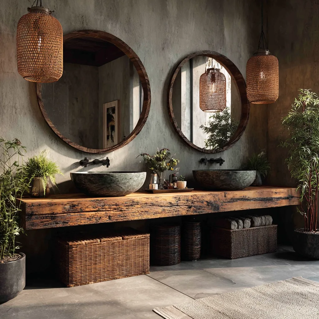 A rustic bathroom boasts a reclaimed wood double vanity, featuring two large, dark stone sinks.  Two circular mirrors with dark wood frames hang above, flanked by woven pendant lights.  Wicker baskets and potted plants add to the organic, earthy aesthetic, creating a tranquil and stylish space. The concrete floor complements the raw, natural elements.