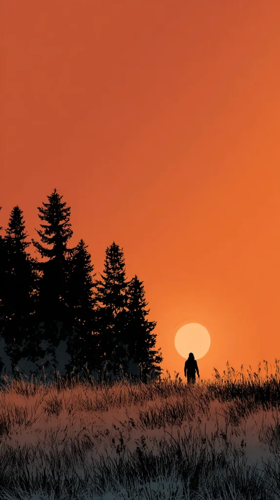 A solitary figure walks across a field of tall grass silhouetted against a large, setting sun.  Dark evergreen trees stand in the background, their silhouettes sharply defined against the vibrant orange sky.  The overall mood is serene yet slightly melancholic, with a sense of vastness and isolation. The scene is depicted in a minimalist style, emphasizing the stark contrast between the figure and the landscape.