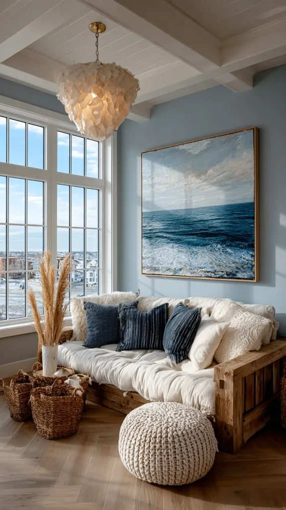 A sun-drenched room features a low wooden daybed adorned with plush white and blue cushions.  A large ocean painting hangs above, complementing the room's coastal aesthetic.  A chunky knit ottoman sits near the daybed, adding texture.  Natural light streams through a large window, illuminating the space and highlighting a unique shell chandelier.  Woven baskets and pampas grass add to the relaxed, beachy vibe.  The herringbone hardwood floors complete the tranquil setting.