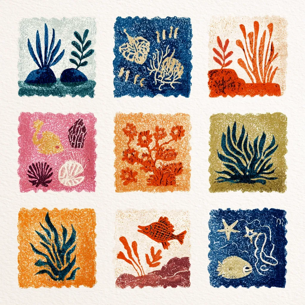 A collection of nine square illustrations depicting various marine life and plants. Each square features a textured, hand-drawn style with earthy tones.  The designs include seaweed, coral, shells, fish, and other underwater elements, arranged in a grid pattern.  The overall aesthetic is reminiscent of linocut prints or stamps, with a slightly rough, handcrafted feel.