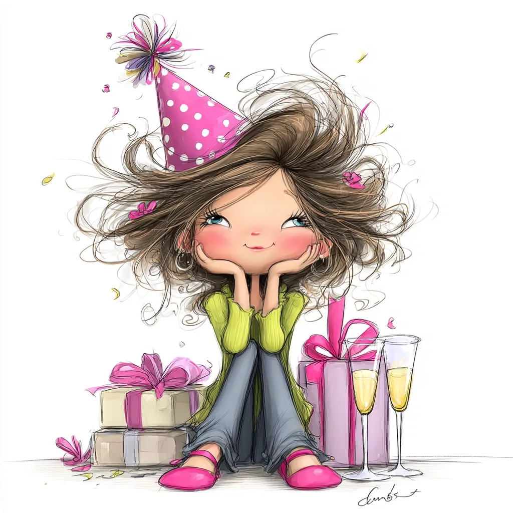 A charming illustration depicts a girl with vibrant brown hair wearing a pink party hat.  She sits contentedly amidst presents, a cheerful expression on her face, her hands resting gently under her chin.  Two champagne flutes add to the celebratory atmosphere, confetti scattering around her. The style is whimsical and expressive, capturing a joyful birthday moment.