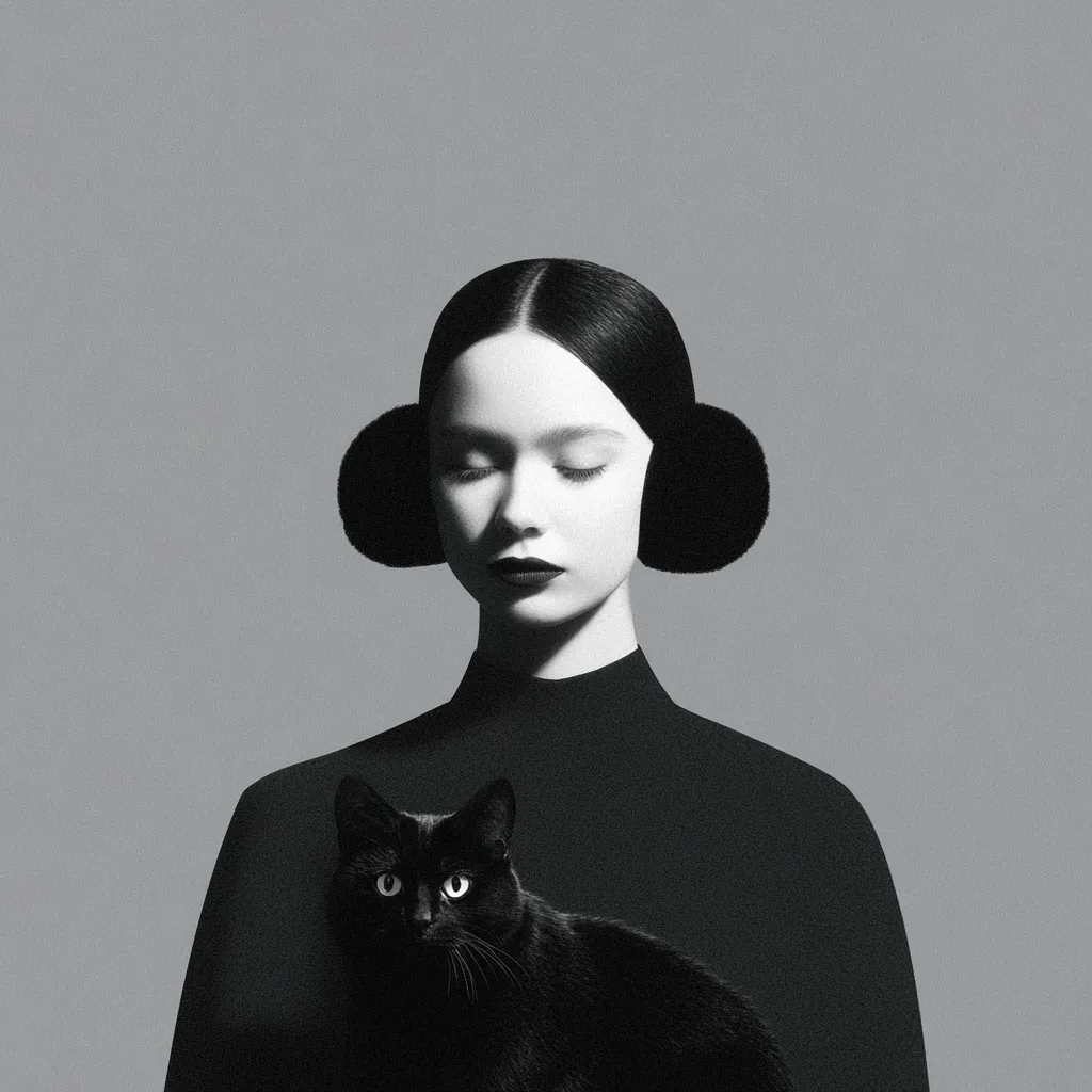 A monochromatic portrait showcases a woman with dark hair styled in large, rounded puffs on either side of her head.  She wears a simple, dark turtleneck and her eyes are closed, conveying a serene expression.  A black cat rests on her chest, mirroring the dark tones of the overall image, creating a visually striking and unified aesthetic. The background is a muted gray, further emphasizing the subject.