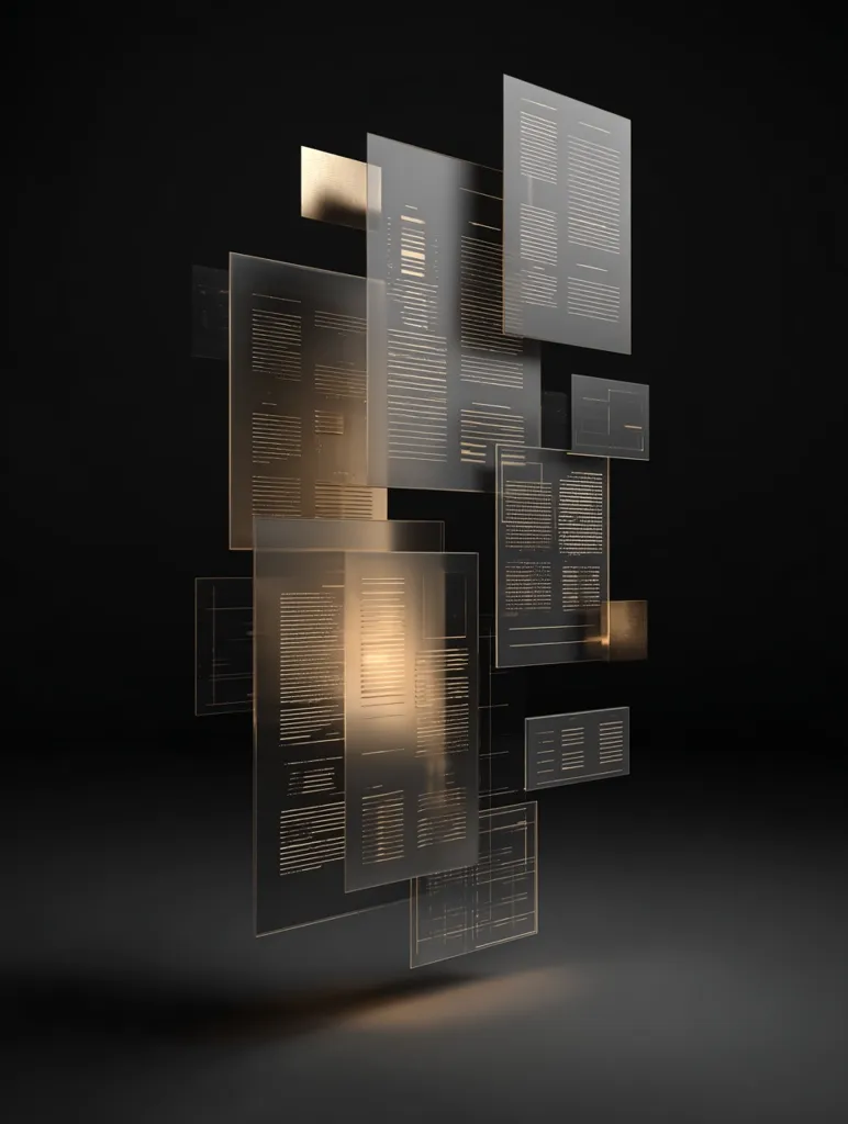 A 3D rendering showcases translucent glass panels floating against a dark background.  Each panel displays etched text, resembling digital documents or data streams. The panels overlap and intersect, creating a dynamic, layered effect.  A subtle golden glow emanates from within, suggesting illuminated information.  The overall aesthetic is sleek, modern, and suggestive of data visualization or information architecture.