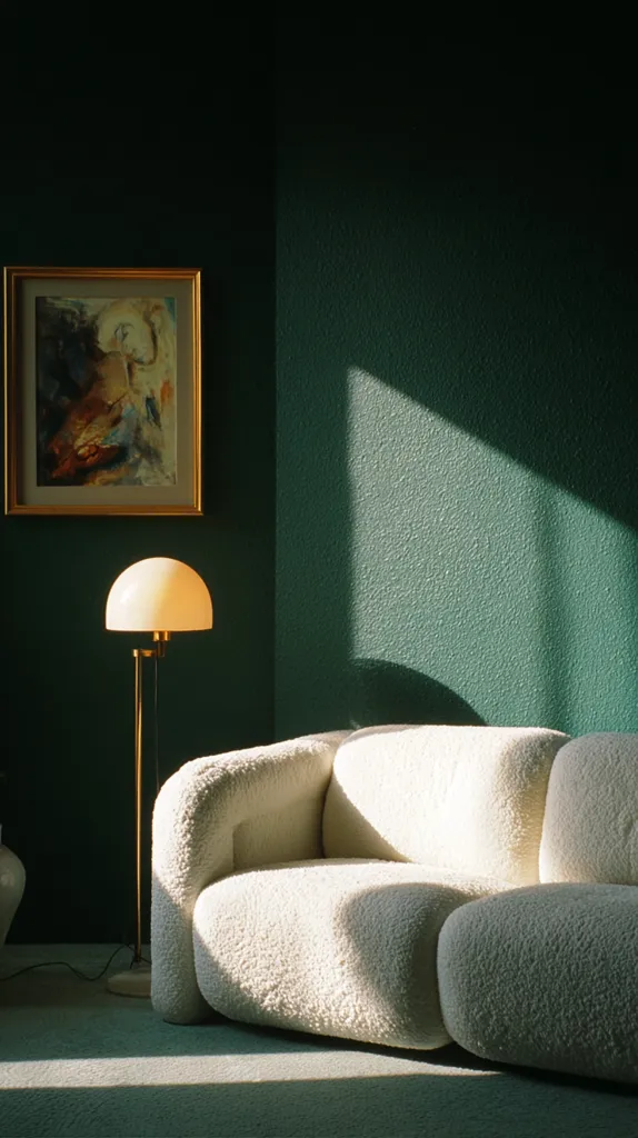 A sunlit corner reveals a plush, off-white bouclé sofa, its rounded forms bathed in warm light. A minimalist gold floor lamp with a pale, spherical shade stands nearby, casting a soft glow.  A framed abstract painting hangs on the deep green wall, completing the serene and sophisticated atmosphere. The carpet is a muted teal, complementing the room's rich color palette.