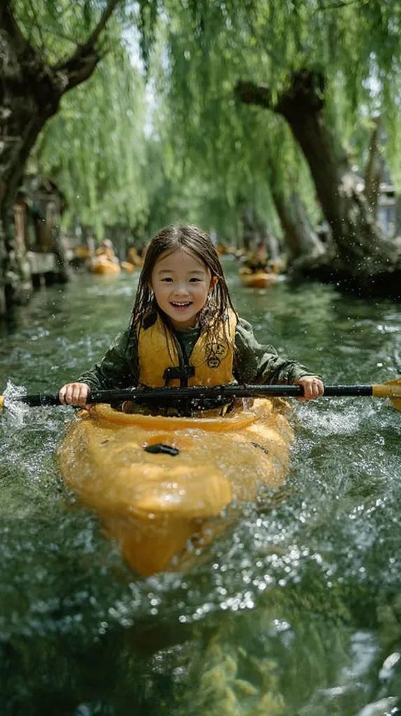 A young girl with long brown hair smiles brightly as she kayaks down a calm waterway.  She wears a yellow life vest and paddles skillfully through a picturesque setting, framed by lush green willow trees overhanging the tranquil water. Other kayakers are visible in the distance, creating a serene and enjoyable outdoor scene.