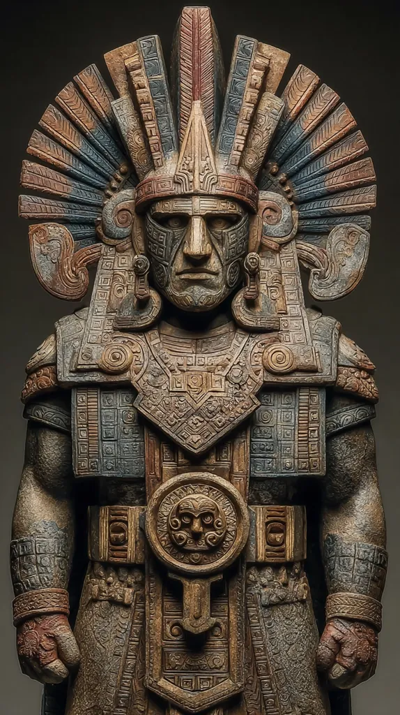 A meticulously detailed statue depicts a Mayan warrior king.  Intricate carvings adorn his elaborate headdress, armor, and belt.  The statue's color palette of browns, blues, and reds evokes ancient stonework.  The king's stoic expression and powerful physique convey authority and strength, reflecting the rich artistic traditions of Mayan civilization. The craftsmanship suggests a high level of skill and attention to detail.