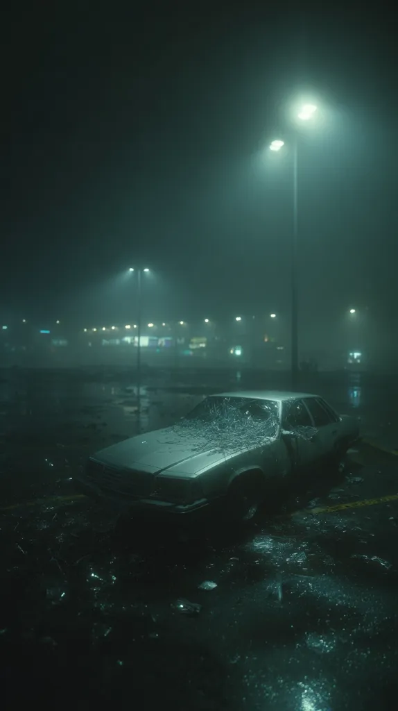 A damaged car sits in a foggy, deserted parking lot at night.  Streetlights cast a dim, greenish glow on the wet pavement, illuminating shattered glass surrounding the vehicle. The scene is atmospheric and evokes a sense of loneliness and mystery.  The background shows blurred lights from distant buildings, adding to the desolate ambiance.