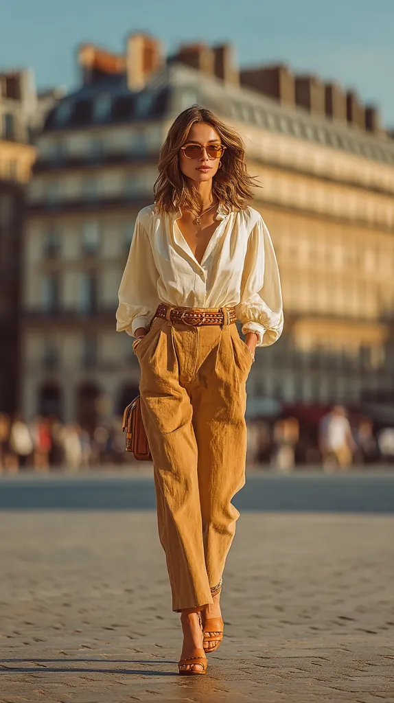 A stylish woman strolls through a Parisian street, bathed in warm sunlight. She wears a flowing cream blouse, mustard-colored high-waisted pants, and a brown leather belt.  Her outfit is completed with brown sandals and sunglasses.  A small brown handbag hangs from her shoulder. The background is softly blurred, focusing attention on her elegant attire.