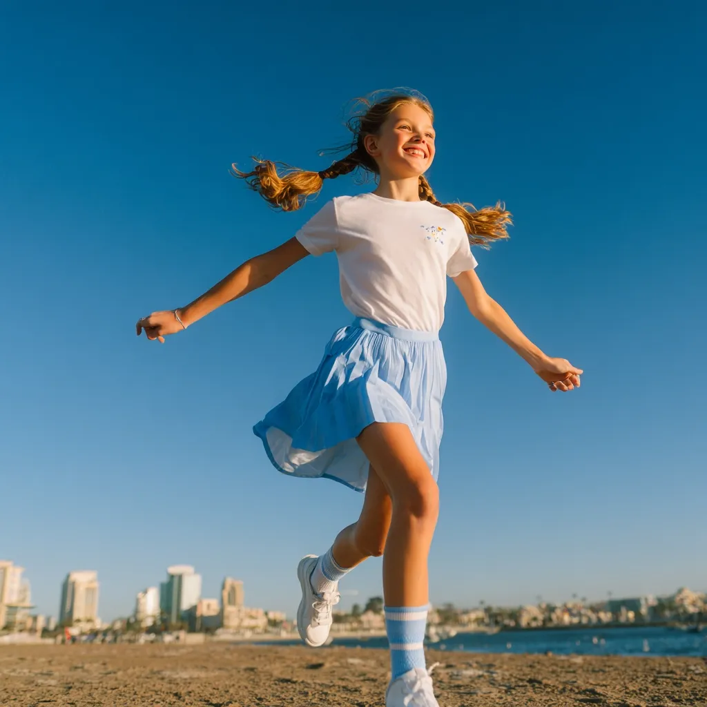 A girl with pigtails joyfully runs across a sandy beach against a vibrant blue sky.  She wears a white t-shirt and a light blue pleated skirt, her white sneakers flashing as she moves.  The background features a cityscape and calm ocean, bathed in bright sunlight.  Her expression is one of pure happiness and carefree energy.