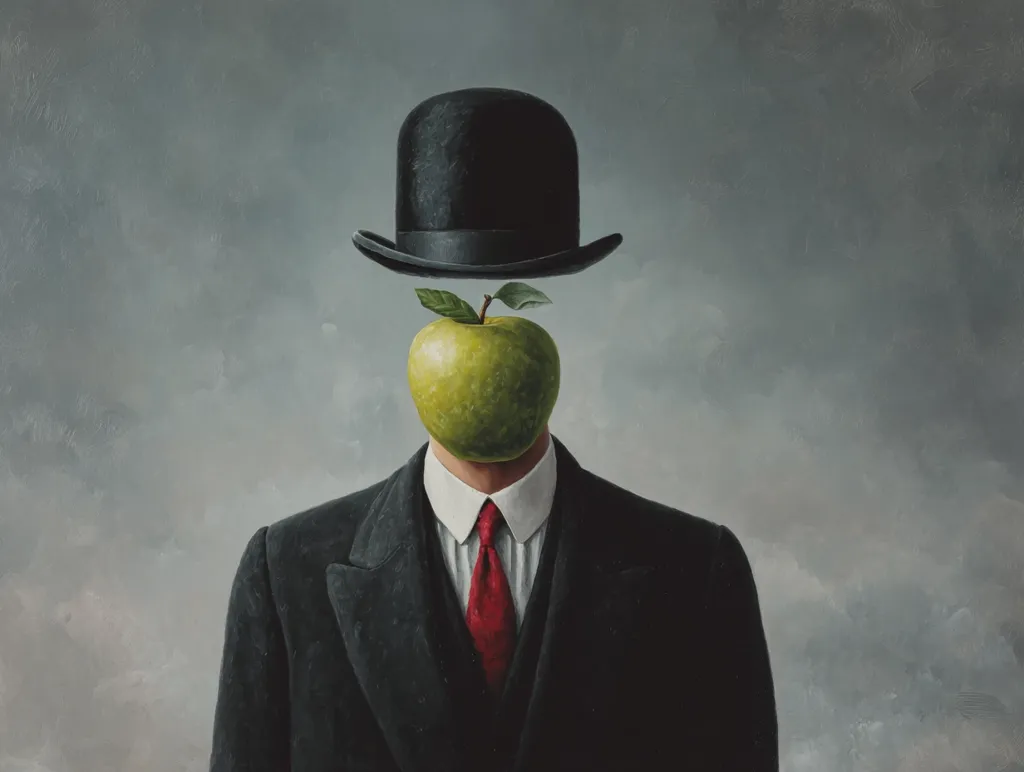 A surreal painting depicts a man in a dark suit and bowler hat.  His face is replaced by a green apple, its stem extending from beneath the hat. The man's attire is formal, with a crisp white shirt and a dark red tie.  The background is a muted grey, suggesting a cloudy sky. The overall effect is both enigmatic and visually striking.