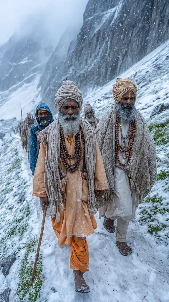 A group of Sadhus, Hindu ascetics, trek through a snowy mountain pass in India.  Two lead the way, their saffron robes and long, grey shawls covered in snowflakes.  They carry walking sticks and wear traditional turbans.  The scene is serene yet challenging, showcasing their devotion and resilience in harsh conditions.  Other Sadhus follow, creating a line against the bleak, beautiful landscape.