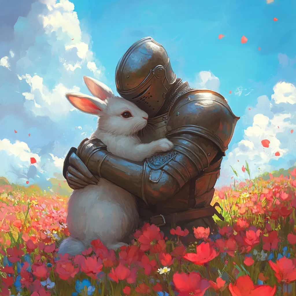 A knight in shining armor, his helmet obscuring his face, gently cradles a white rabbit in his arms.  The scene is idyllic, set amidst a vibrant field of red poppies and wildflowers under a bright, blue sky.  The contrast between the strong knight and the delicate rabbit creates a tender, unexpected image, suggesting themes of gentleness, unexpected friendships, or inner peace.