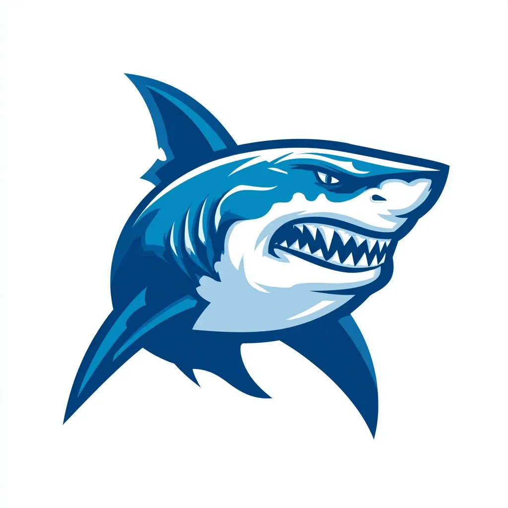 A stylized illustration of a great white shark, depicted in shades of blue.  The shark's mouth is open, revealing sharp teeth, conveying aggression.  The design is bold and dynamic, suitable for a logo or mascot, emphasizing power and ferocity. The shark is positioned in a three-quarter view, its body angled, creating a sense of movement.