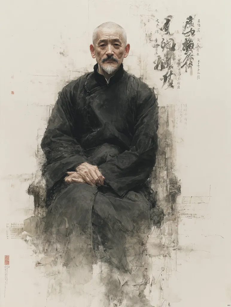 A portrait painting depicts an elderly man with shaved head and goatee, seated in a chair.  He wears a dark, loose-fitting robe.  The style is expressive and painterly, with a blend of realistic representation and abstract elements in the background, including brushstrokes and calligraphy-like markings.  The overall mood is contemplative and serene.