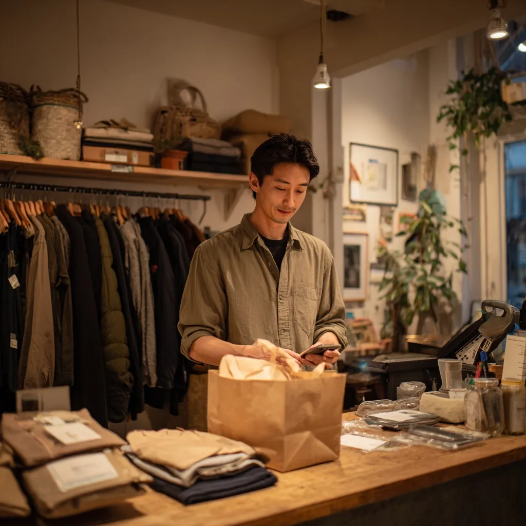 A young man stands behind a counter in a dimly lit clothing store. He's packing a customer's order into a brown paper bag while checking his phone.  The store is filled with racks of neatly hung clothing, creating a cozy and aesthetically pleasing atmosphere.  Stacks of folded garments sit on the counter.  The overall mood is calm and inviting.