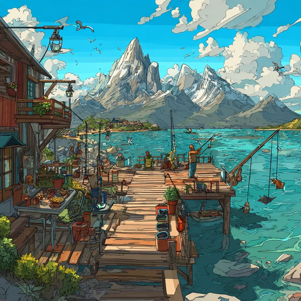 A vibrant illustration depicts a lakeside village nestled against a majestic mountain range.  A wooden dock extends from a charming house, where people fish and relax.  The water is a brilliant turquoise, and the mountains are snow-capped, creating a picturesque scene of idyllic mountain life.  Flowers and plants add splashes of color to the dock and the house's balcony. The overall style is reminiscent of a cartoon or graphic novel.