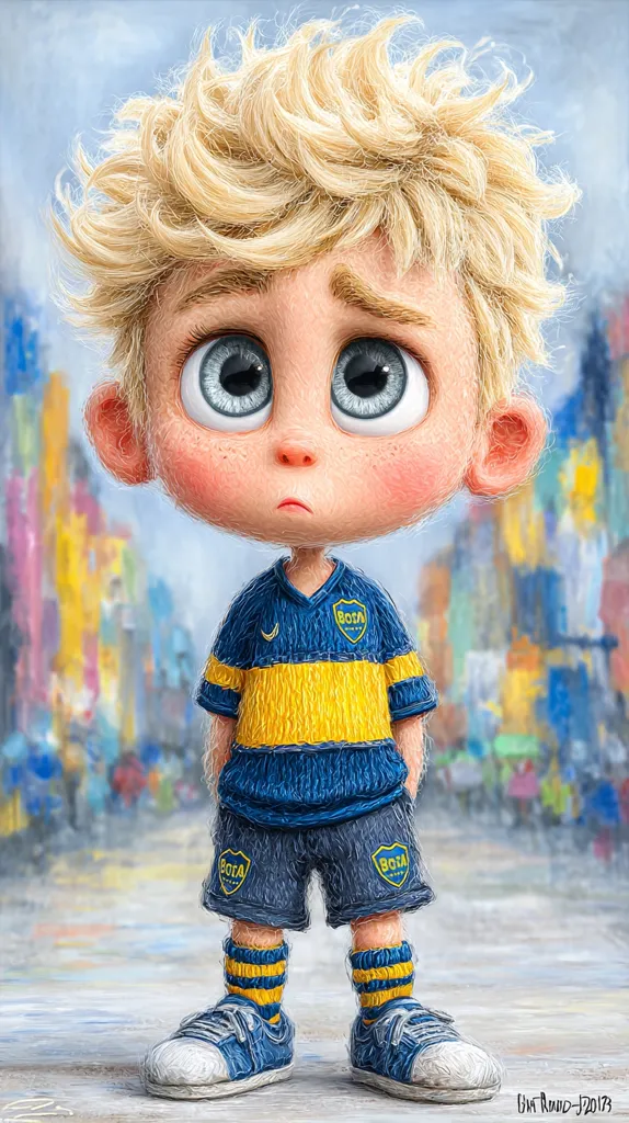A digital painting depicts a cute, stylized boy with blond, spiky hair and large, expressive eyes. He's dressed in a Boca Juniors soccer jersey and shorts, his expression appearing slightly sad or pensive. The background is a blurred cityscape with vibrant, colorful buildings, suggesting a bustling urban environment. The artistic style is reminiscent of children's illustrations, with a soft, painterly texture.