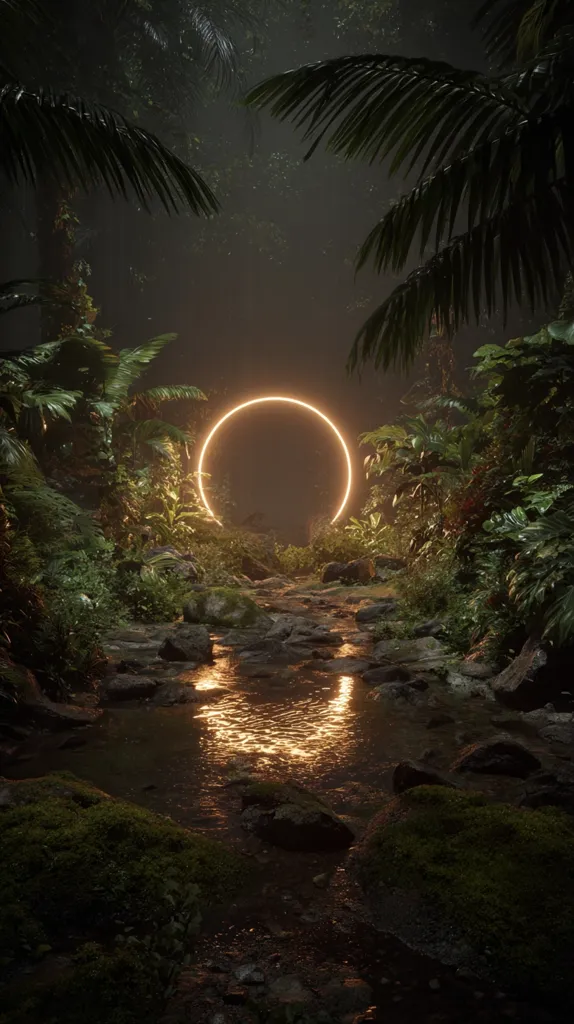 A serene, mystical scene unfolds in a lush, dimly lit jungle. A glowing, circular ring of light hovers in the center, casting a warm, ethereal glow on the surrounding vegetation and a gently flowing stream.  Rocks and moss-covered surfaces line the water's edge, adding to the tranquil ambiance. The overall mood is one of peaceful mystery and otherworldly beauty.
