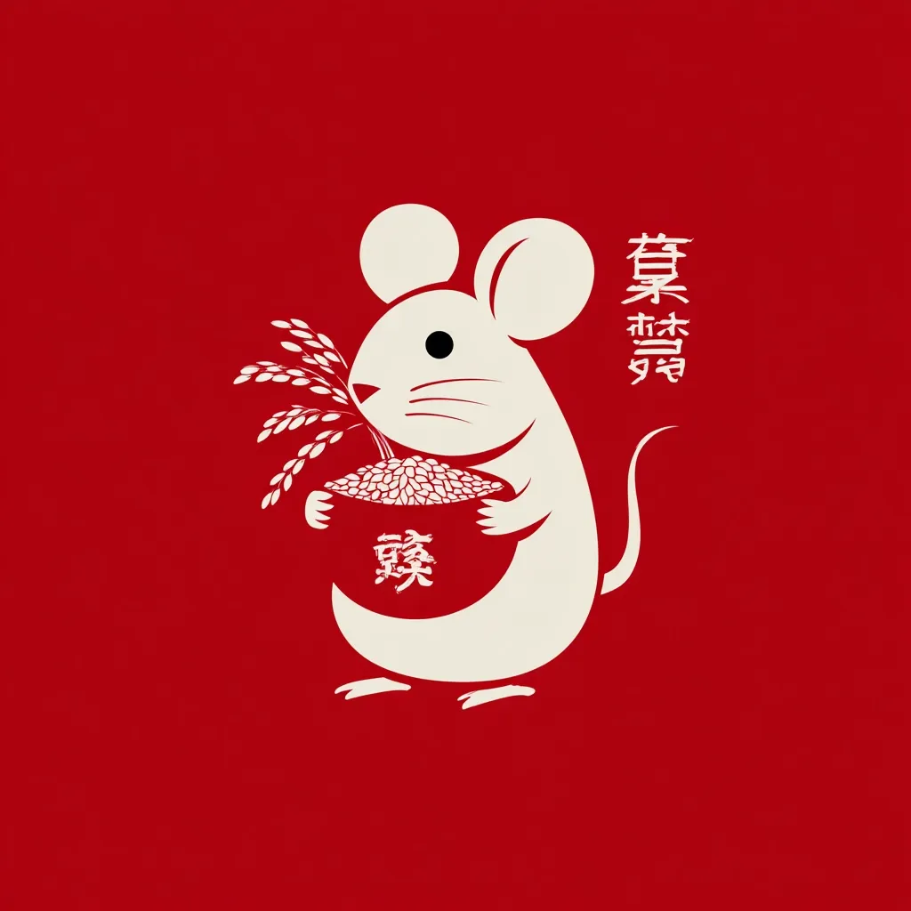 A stylized white mouse holds a bowl overflowing with rice and rice stalks against a vibrant red background.  The image is reminiscent of traditional Chinese art and symbolism, likely representing prosperity and abundance.  Vertical Chinese characters flank the mouse, further enhancing the cultural context.  The simple design is clean and impactful.