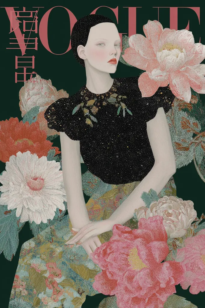 A Vogue magazine cover features a stylized illustration of a pale woman with short dark hair, wearing a dark, embellished top and a floral skirt.  She sits serenely amidst a profusion of large, intricately detailed pink and white flowers against a dark green background. The Vogue logo is prominently displayed in a muted pink. The overall style is elegant and slightly surreal.
