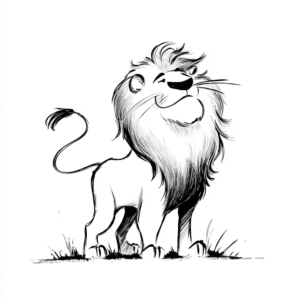 A stylized ink drawing of a cartoon lion stands on grassy ground.  The lion has a large, fluffy mane and a cheerful expression, its head tilted slightly upward. The style is loose and expressive, with emphasis on texture and line rather than precise detail. The lion's body is simple yet dynamic, conveying a sense of playful energy.