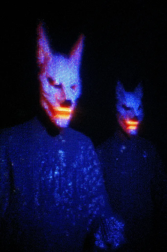 Two figures, cloaked in darkness, wear unsettling, glowing masks resembling canine faces. The masks are rendered in a pixelated style, emitting an eerie blue and orange light.  The overall effect is one of digital distortion and unsettling mystery, creating a dark and surreal atmosphere.  The image is highly stylized and visually striking.