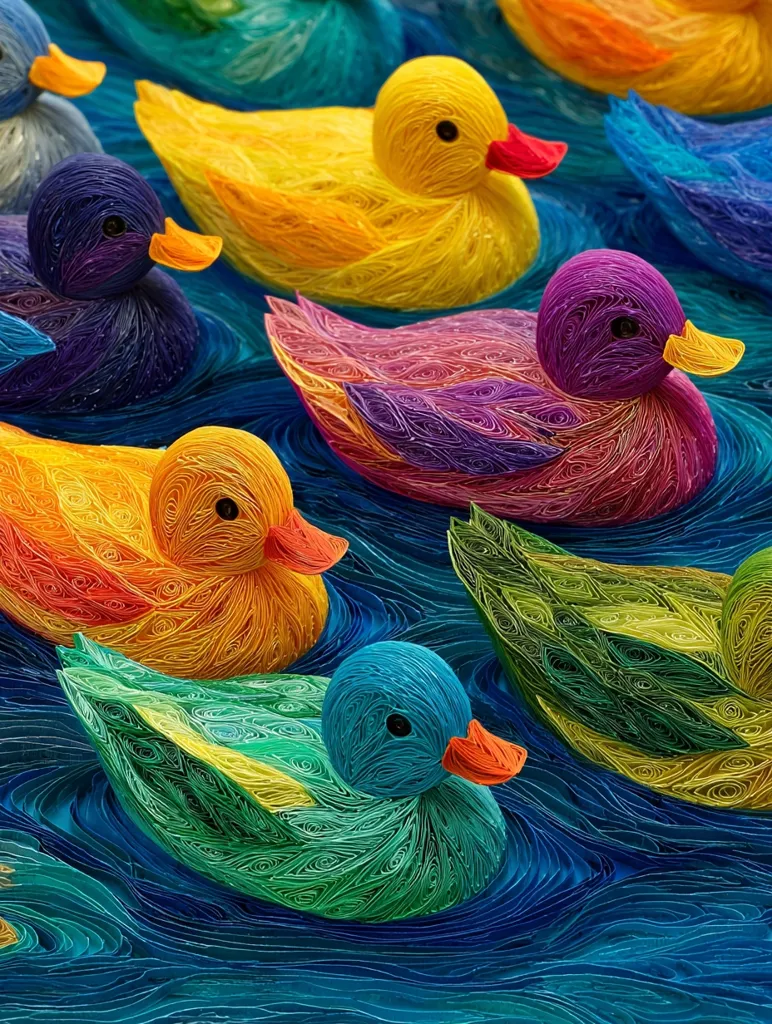 A vibrant collection of intricately crafted paper ducks floats on a textured blue water surface.  Each duck is a kaleidoscope of swirling colors, showcasing detailed feather-like patterns.  The ducks are rendered in shades of yellow, purple, teal, and blue, creating a striking contrast against the dark blue background. The artistry emphasizes texture and depth, showcasing the skill involved in creating these miniature works of art.