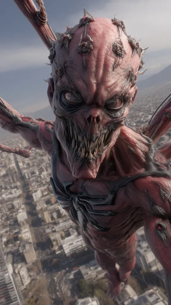 A terrifying, crimson creature with spidery limbs hovers above a sprawling city.  Its grotesque face is dominated by sharp teeth and piercing eyes.  The creature's skin is textured and scarred, giving it a monstrous appearance.  The background cityscape provides a stark contrast to the creature's menacing presence.  The overall image evokes a sense of impending danger and dread.