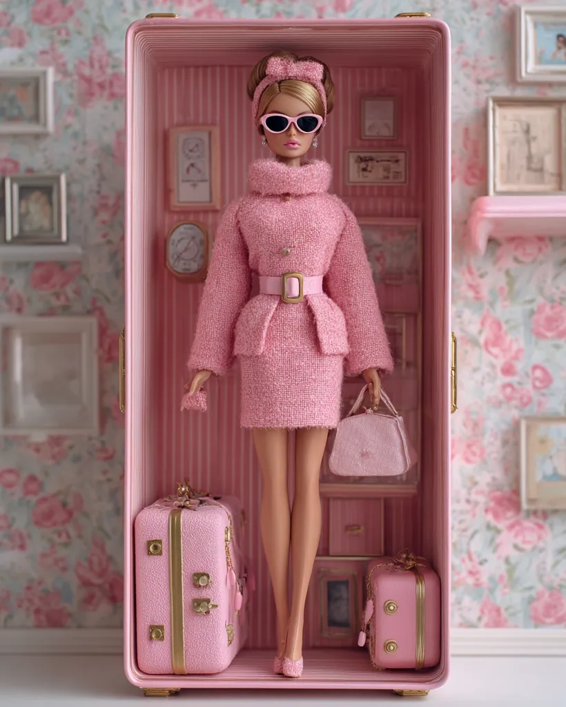 A Barbie doll, dressed in a pink tweed suit and sunglasses, stands inside a pink suitcase.  She carries a matching pink handbag, and two miniature pink suitcases are beside her. The scene is meticulously detailed, set against a floral wallpaper backdrop and filled with miniature pink accessories, creating a charming and luxurious aesthetic.