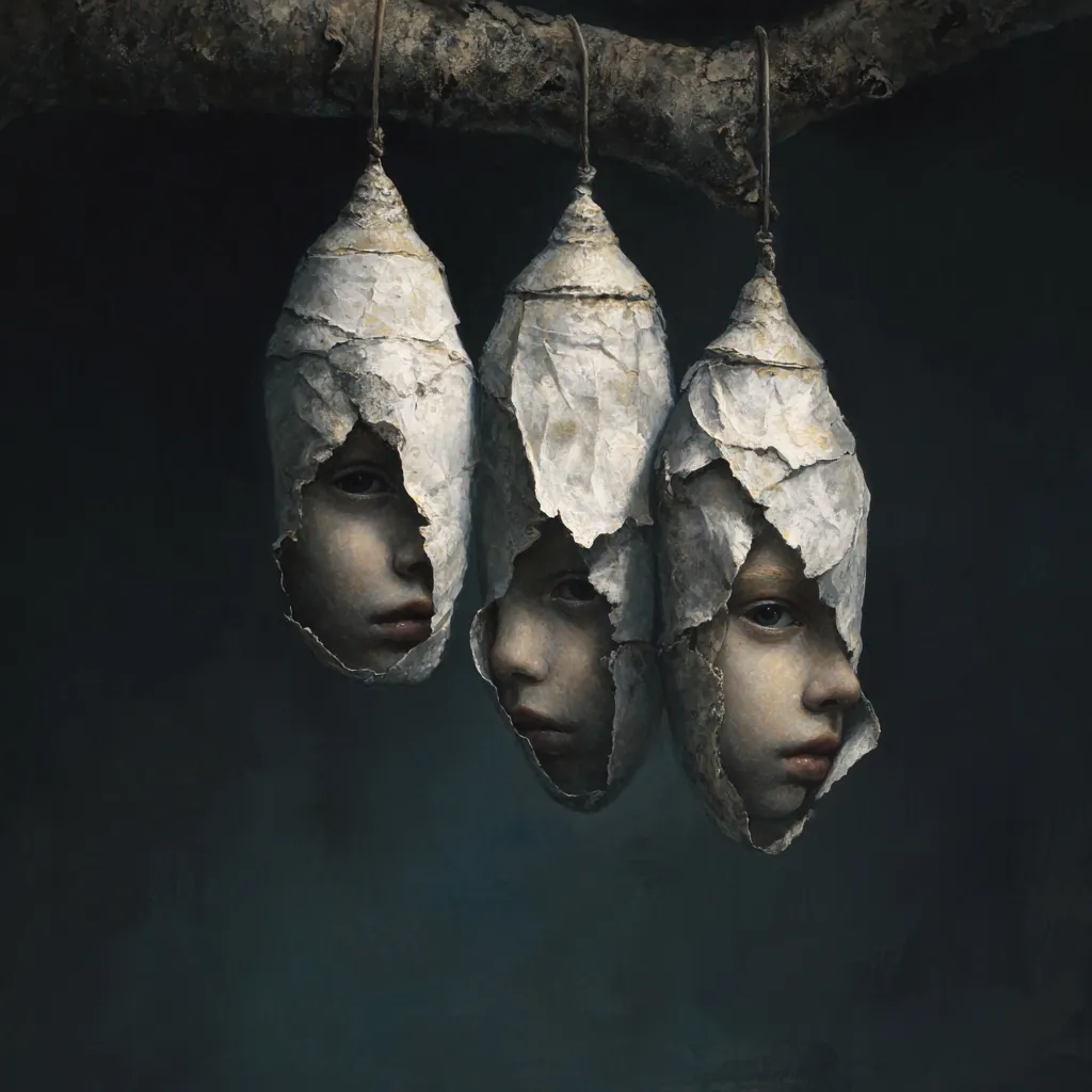 Three childlike faces emerge from decaying, hanging chrysalises.  The cocoons, fragmented and grey, suggest a process of transformation or entrapment. The children's expressions are solemn and their gazes are downcast, creating a haunting and surreal image. The dark background emphasizes the vulnerability and mystery of the scene.