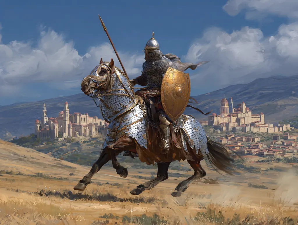 A knight in shining armor, astride a similarly armored horse, gallops across a sun-drenched landscape. He carries a lance and a large, round shield.  In the distance, a walled city with numerous buildings and towers sits nestled in a valley against a backdrop of rolling hills and a bright blue sky. The scene evokes a sense of medieval adventure and heroism.