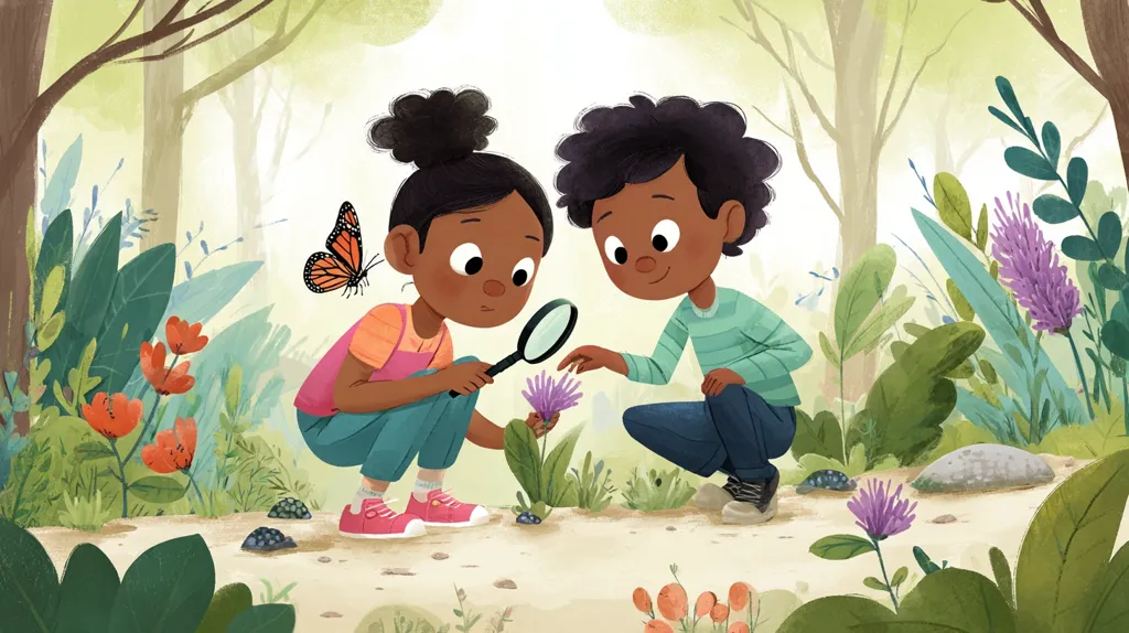 Two Black children, a girl and a boy, are crouched down in a lush forest examining a purple flower with a magnifying glass. A monarch butterfly flits nearby.  Vibrant wildflowers and green foliage surround them, creating a serene and nature-filled scene. The illustration is playful and charming, showcasing the children's curiosity and connection with nature.