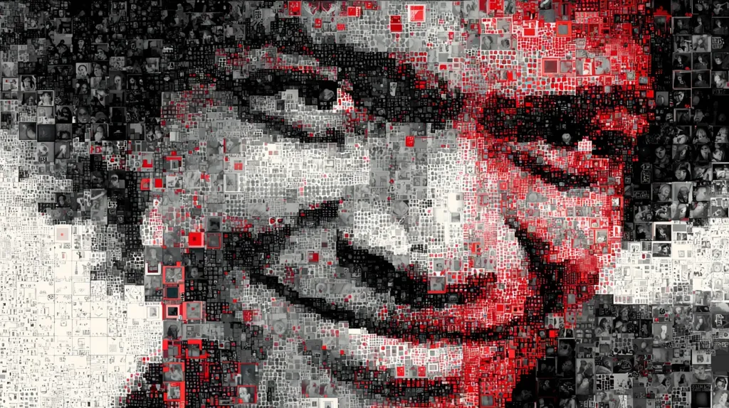 A mosaic portrait, primarily in shades of gray and red, depicts a close-up of a person's face. The image is composed of numerous smaller squares, each containing a different miniature photograph. The overall effect creates a textured and detailed representation of a face with a subtle, knowing smile, suggesting depth and complexity. The red tones are concentrated around the mouth and eyes, drawing attention to these features.