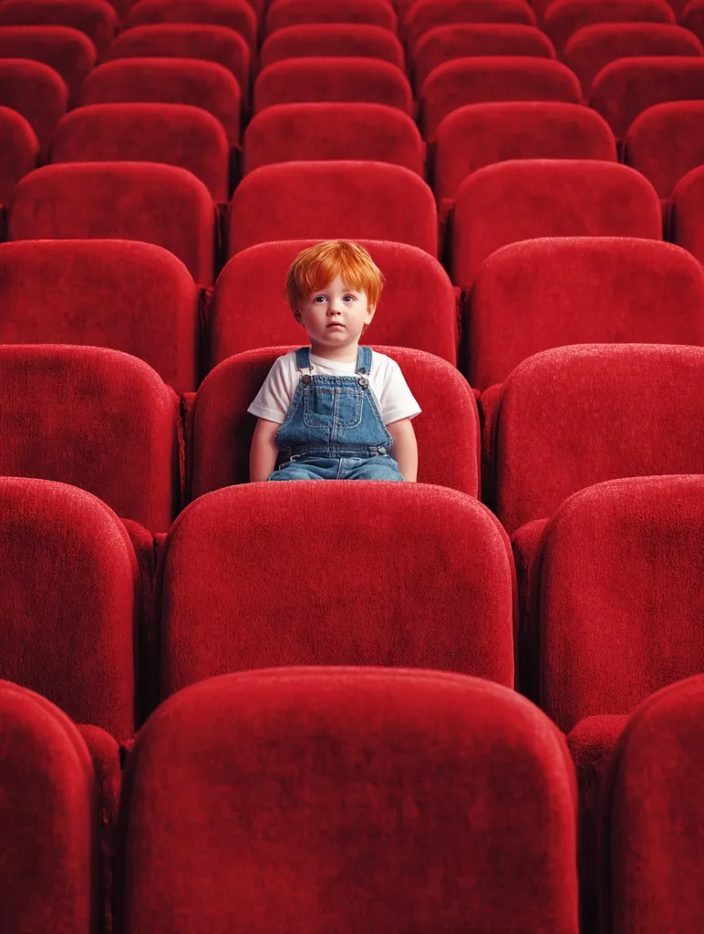 A young boy with red hair sits alone in a large, empty movie theater.  He's wearing a white shirt and denim overalls, looking thoughtfully toward the left. The rows of empty, plush red seats stretch into the distance, creating a stark contrast to the single occupied seat.  The image evokes a sense of solitude and anticipation.