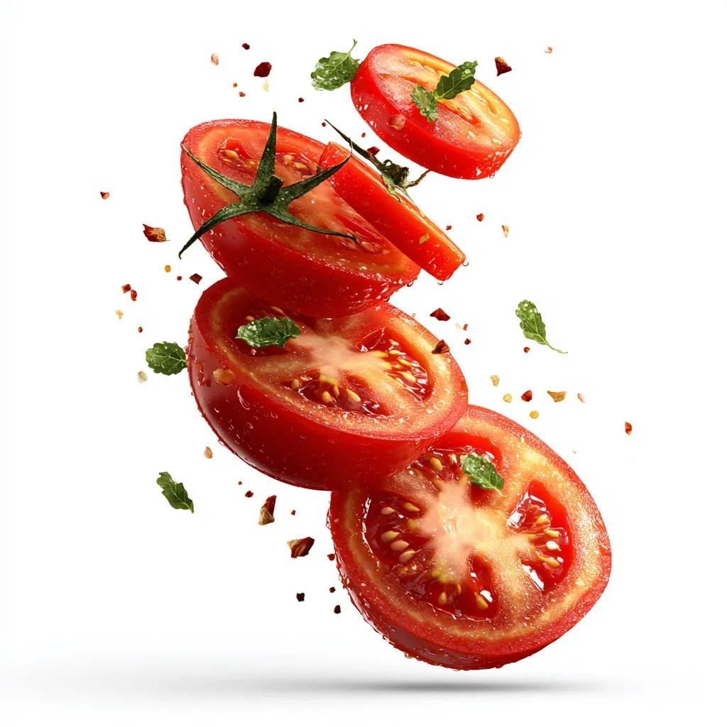 Several juicy tomato slices, glistening with moisture, fall against a white background.  Smaller tomato rounds and fresh herbs are scattered in mid-air, along with flecks of red spice.  The vibrant red of the tomatoes contrasts sharply with the white, creating a dynamic and appetizing image.  The scene suggests freshness and the preparation of a culinary dish.