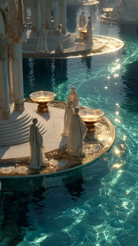 Serene figures in flowing white robes stand around golden bowls on circular platforms nestled in a teal pool.  Ornate white marble structures with golden accents rise from the water, creating a tranquil, ethereal scene. The shimmering water reflects light, enhancing the dreamlike quality of the image.  The overall impression is one of opulent serenity and quiet contemplation.