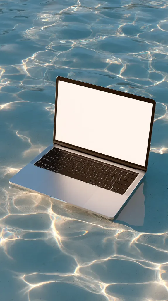 A silver laptop with a blank white screen floats gently on the surface of a calm, blue swimming pool.  Sunlight filters through the water, creating shimmering patterns on the bottom of the pool. The scene is serene and evokes a sense of tranquility and relaxation. The laptop's reflection is visible on the water's surface.