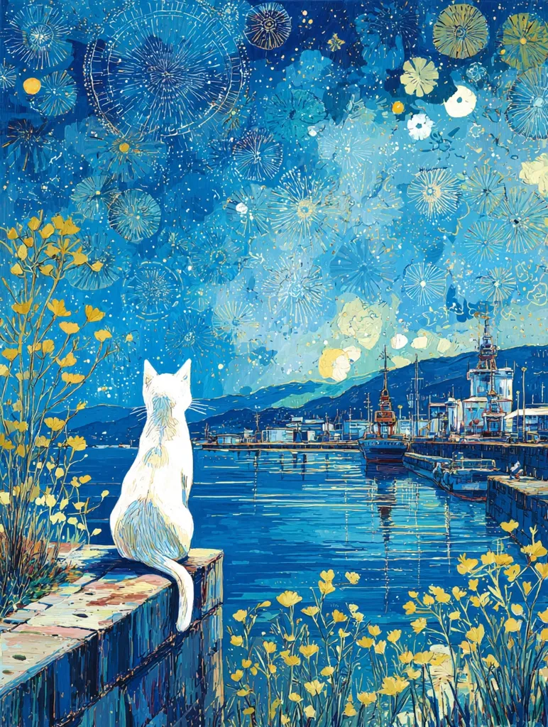 A white cat sits on a low wall, gazing out at a tranquil harbor scene under a vibrant, star-filled night sky.  The sky is awash in blues and punctuated by stylized firework-like bursts of light.  Yellow wildflowers bloom in the foreground, contrasting with the deep blue water and the cityscape reflected in its surface.  The overall style is impressionistic and dreamlike.