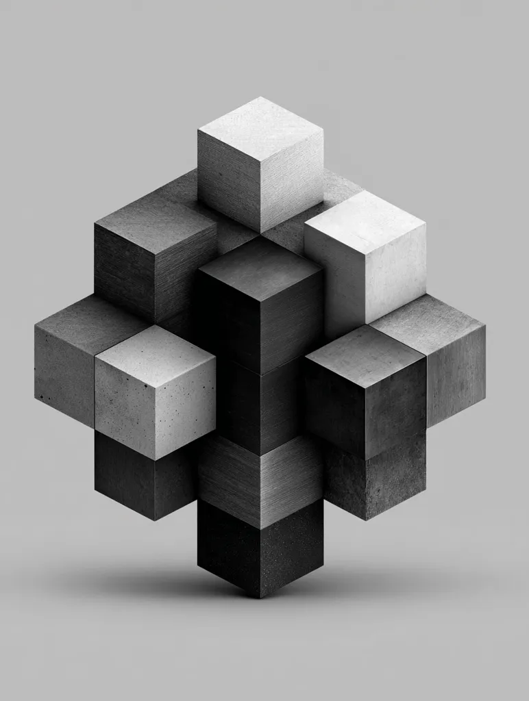 A grayscale image showcases a three-dimensional arrangement of cubes.  The cubes, varying in shades of gray and black, interlock to form a complex, geometric structure resembling a distorted cross or lattice.  The texture of the cubes appears to be a blend of concrete and metal, creating a sense of weight and solidity. The overall composition is clean and minimalist, emphasizing the interplay of form and texture.