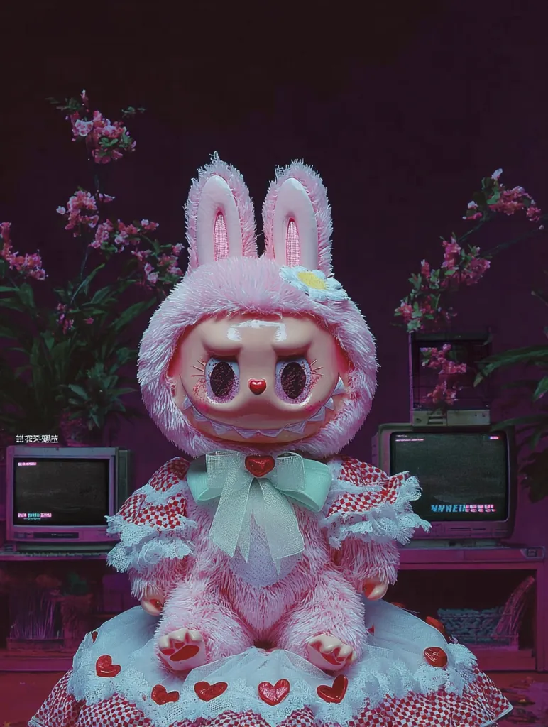 A pink bunny plush toy, adorned with a pastel green bow and a white daisy, sits on a heart-patterned dress.  The toy has a contrasting dark, almost sinister face.  It's positioned in a dark, retro-styled setting with old televisions and flowering plants, creating a juxtaposition of cute and unsettling aesthetics.  The overall mood is dark, whimsical, and slightly eerie.