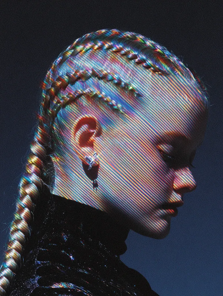 Close-up profile view of a person with intricate braided hair exhibiting a vibrant, iridescent effect.  The hair is styled in several thick braids, cascading down the side of their head. The subject wears a dark, textured turtleneck top and a small earring. The image has a stylized, almost glitching visual effect, adding to its futuristic and artistic aesthetic.