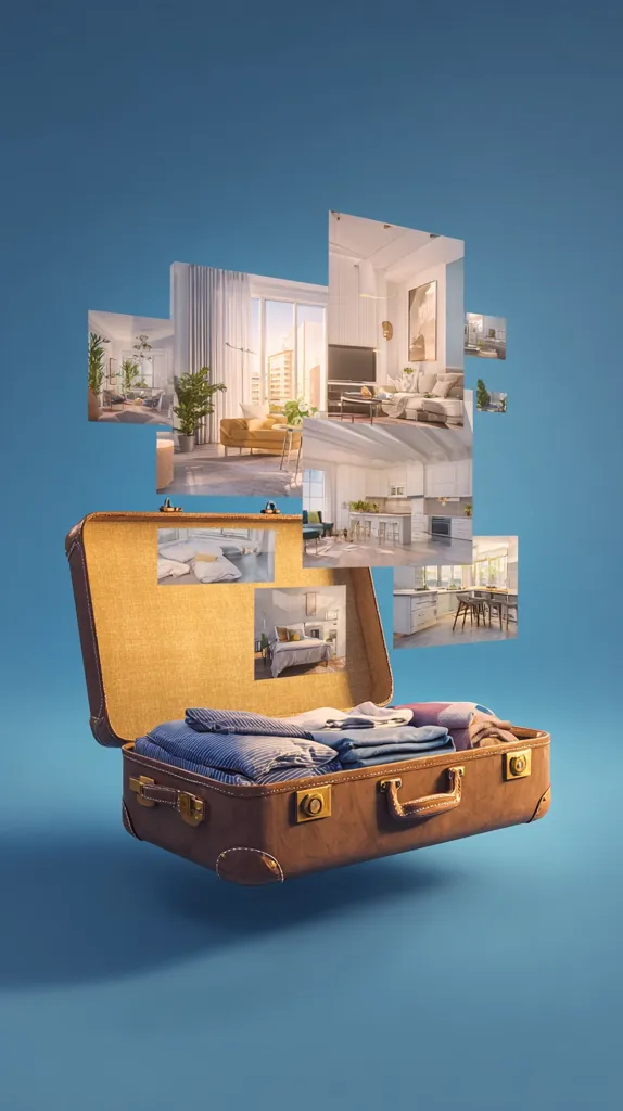 An open vintage suitcase floats against a blue backdrop.  Images of various stylish interior rooms—living rooms, kitchens, and bedrooms—hover above it, suggesting diverse travel destinations or home options.  Folded clothing rests inside the suitcase, implying preparation for a journey or a move to a new home.  The overall scene is surreal and evokes a sense of wanderlust and home-finding.