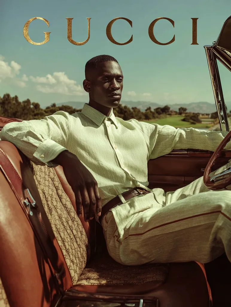 A dark-skinned man, dressed in a light green linen Gucci shirt and matching pants with a subtle red stripe, sits in a classic car.  The car's interior features a Gucci-patterned seat. The "Gucci" logo is prominently displayed in gold lettering against a bright sky. The overall aesthetic is one of relaxed sophistication and high-end luxury.